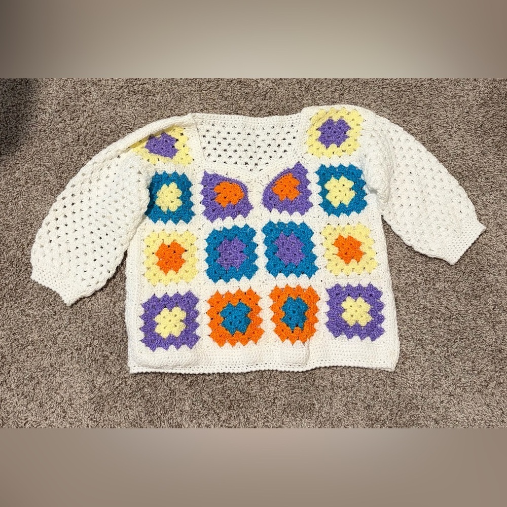 White Crochet Granny-Square Pullover Sweater with Multicolor Accents